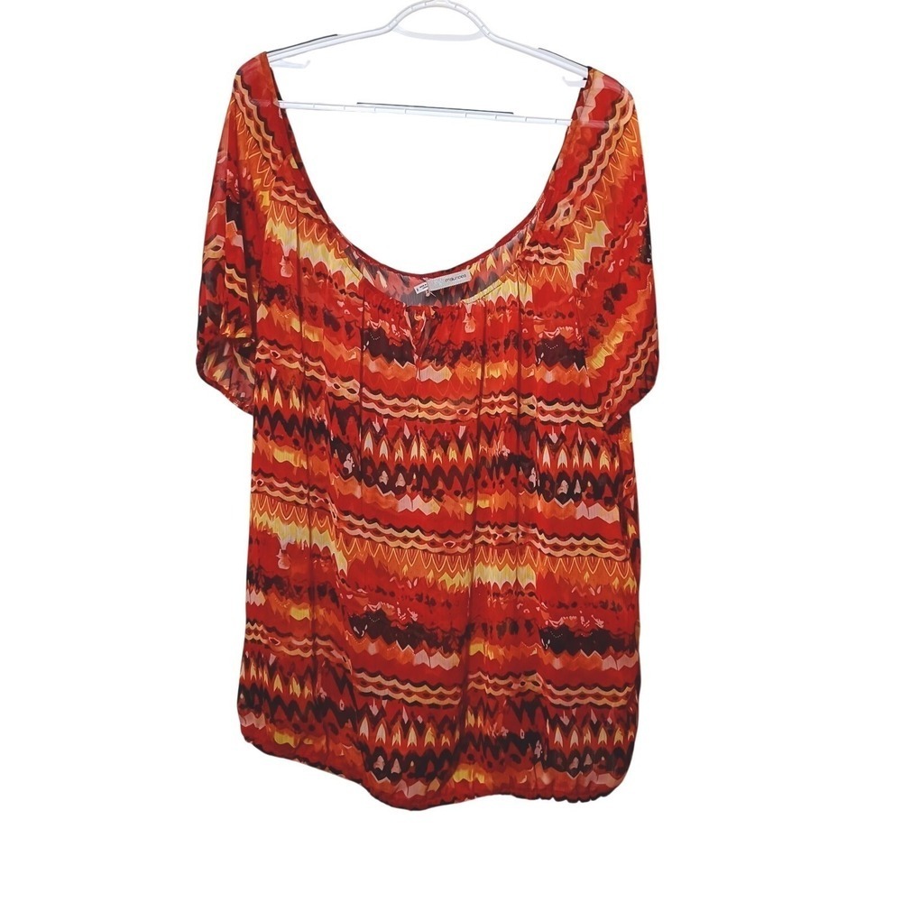 Maurices Women's Peasant Blouse Size 2XL Red Yellow Short Sleeve Tie Top Boho